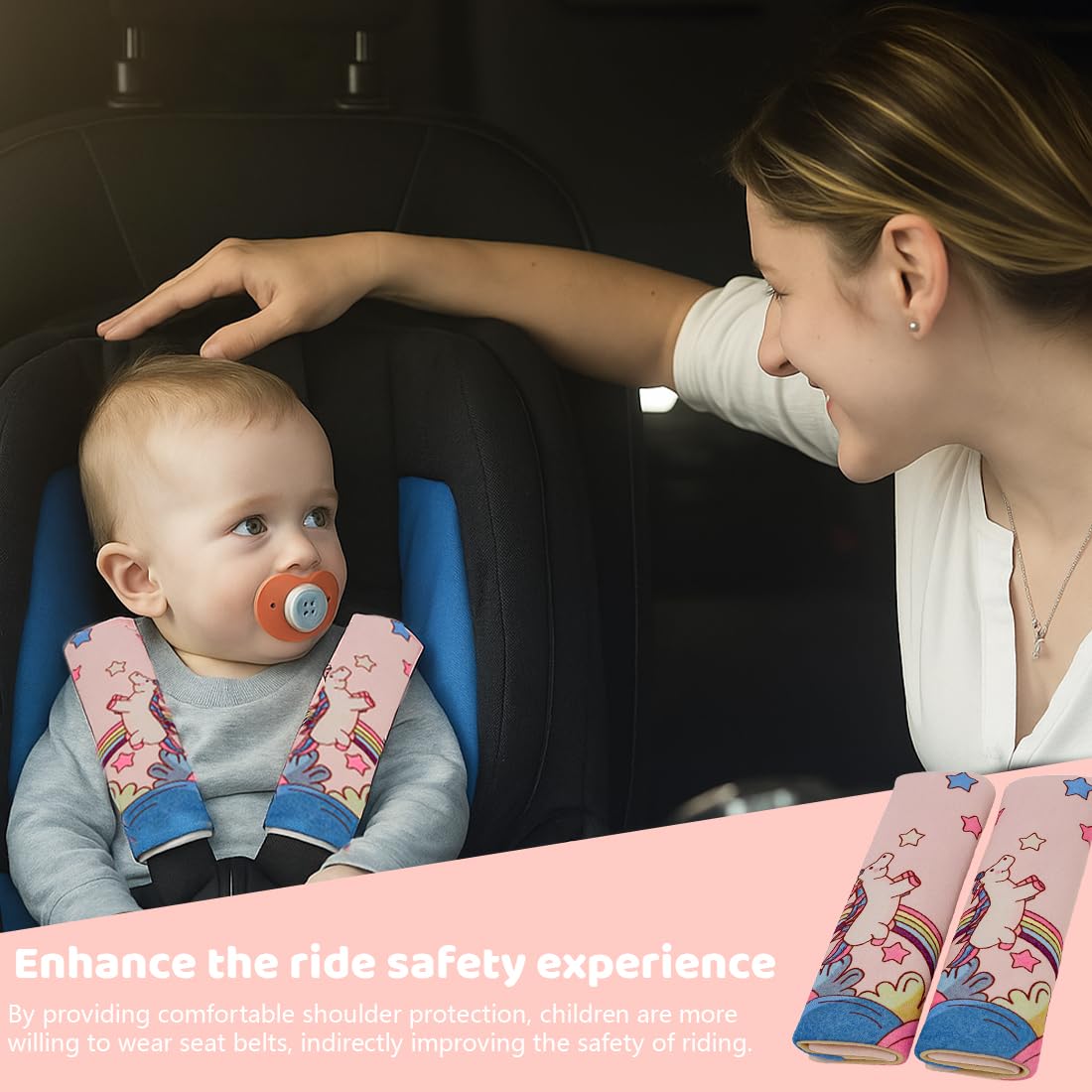 2 Piezas Protector Cinturon Coche Niños, Almohadilla Cinturon Coche, Coche Protector Cinturon Niños Almohadilla, Almohadilla para Coche con Dibujos de Unicornio para niños,