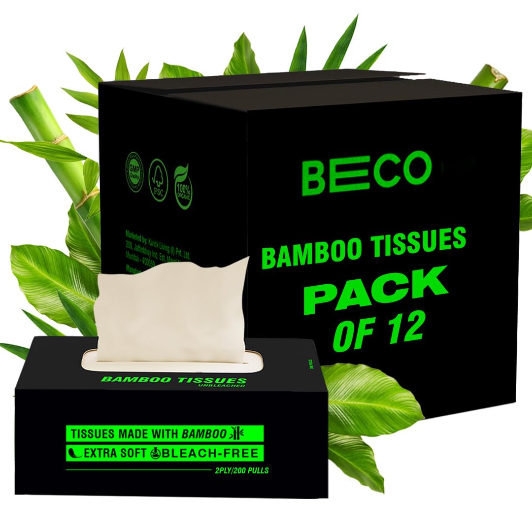 Beco Bamboo Super Soft 2-Ply Tissue Box 200 Pulls Each, 100% Natural and Ecofriendly Tissue Papers (Pack of 12, 2400 Tissue)