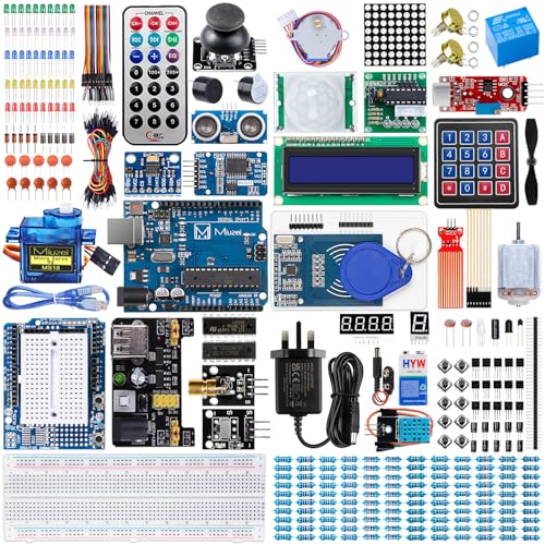 Miuzei Starter Kit Compatible with Arduino UNO R3 Complete Electronics Programming Kit with 248 Components Breadboard Sensors Resistors Power Supply LEDs 42 Lessons