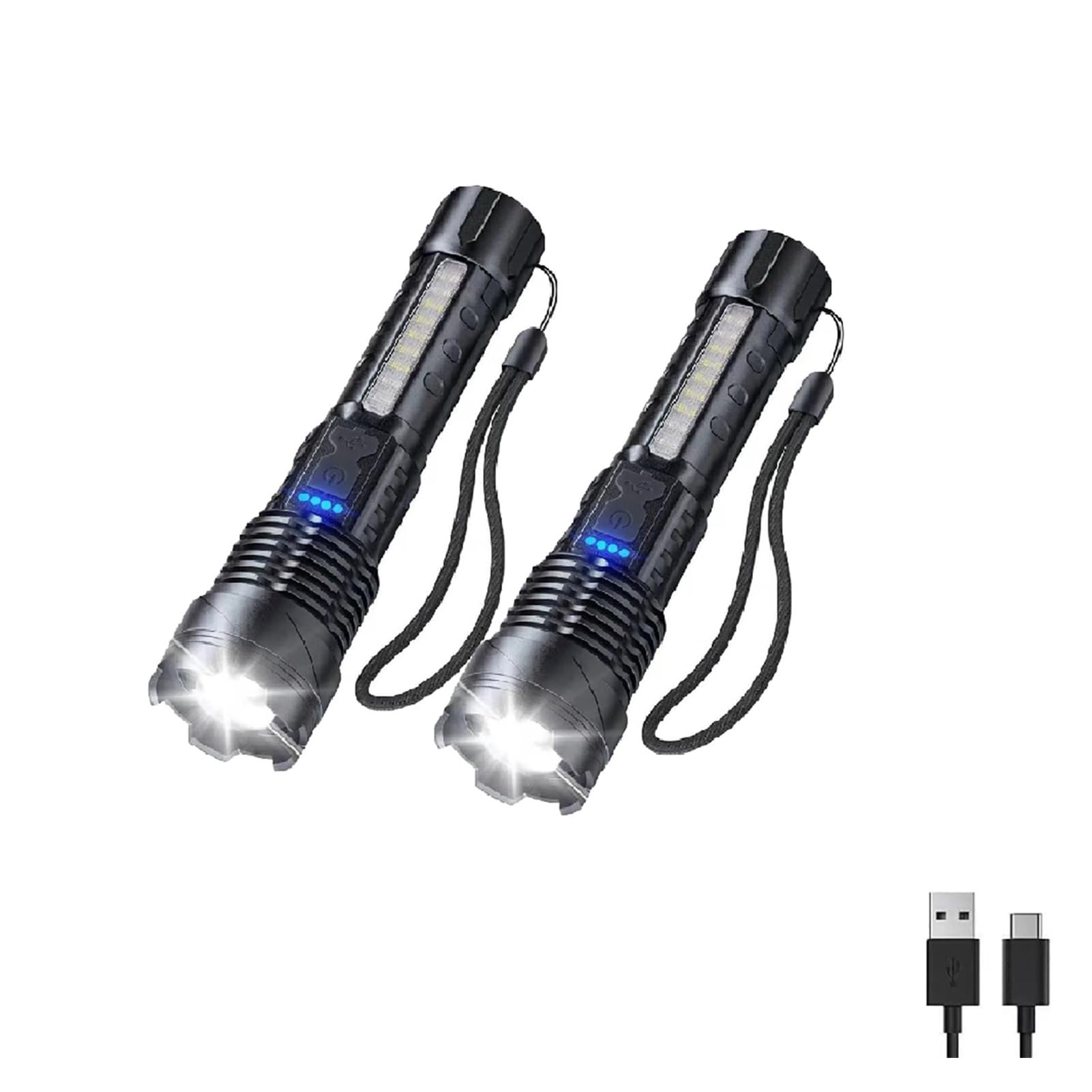 Outdoor Strong Light Flashlight USB Rechargeable 1500 Lumens, Earc Strong Flashlights High Lumens, Flash Lights for Camping, Waterproof, Zoomable(2 pc)