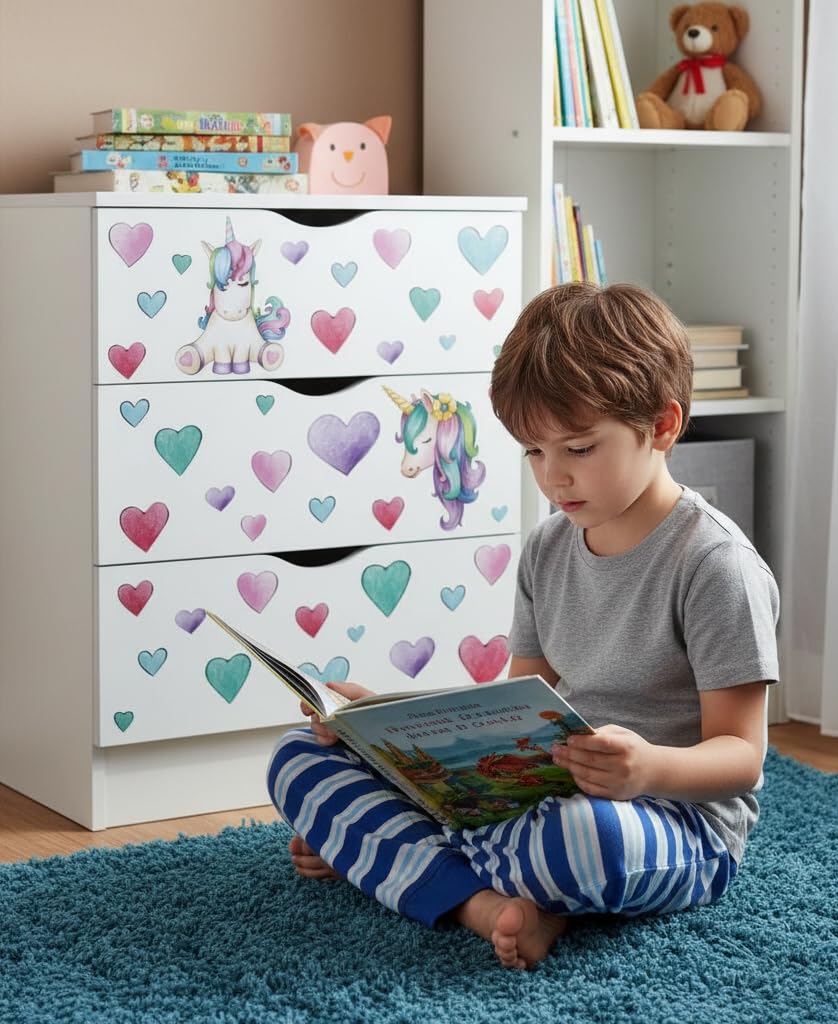leomark Cajonera de Madera - Roma - Blanca Mesita con cajones, Armario de Dormitorio, Estilo escandinavo, a la habitación de los niños, Dim: 60 x 42 x 78 (H) cm (Unicornio)