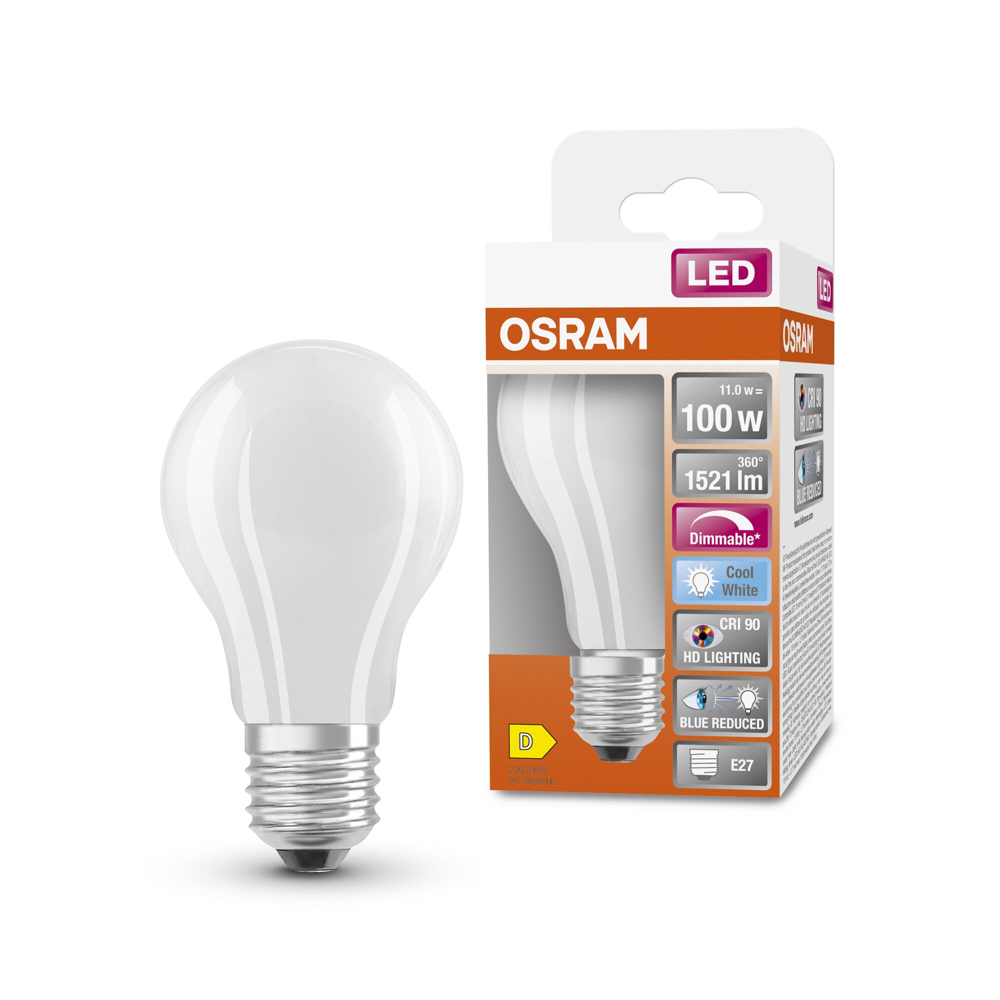 OSRAM Superstar dimmable LED lamp with Extra high Colour Rendering (CRI90), E27-base Frosted Glass,Cold White (4000K), 1521 Lumen, 100W-replacement, dimmable, 1-Pack