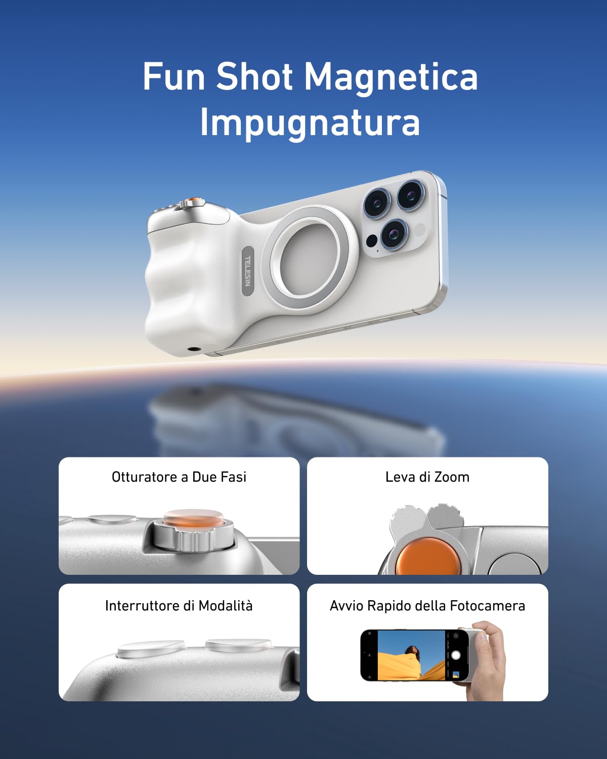 TELESIN Fun Shot Impugnatura Smartphone, Magnetica Impugnatura per Smartphone con Telecomando Bluetooth Staccabile, Filettatura da 1/4, Compatibile con iPhone & Android, Selfie Vlog