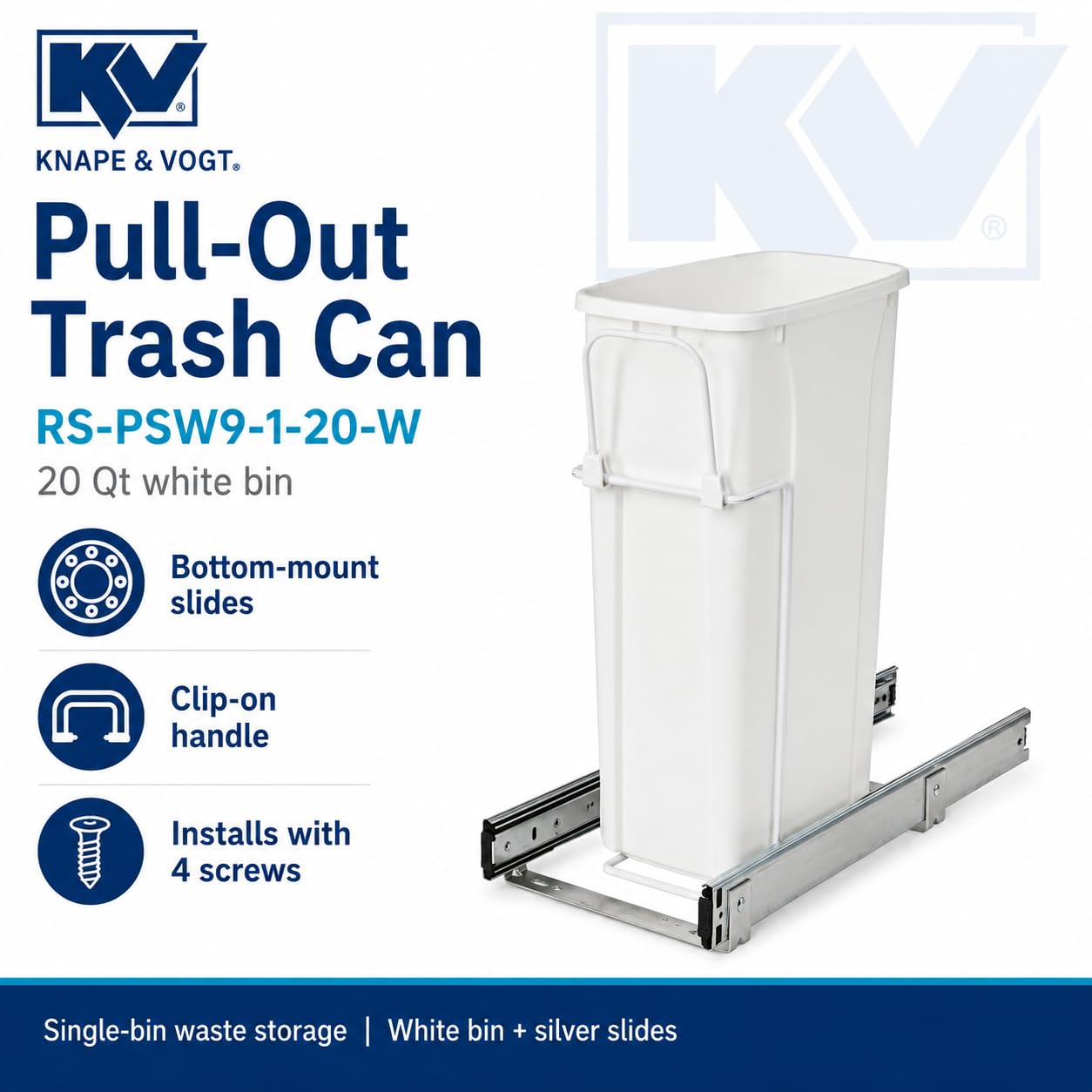 Knape & Vogt RS-PSW9-1-20-W Abfalleimer, 43,2 x 20,3 cm (H x B x T), Stahl, 20 Qt. Einzelner weißer ausziehbarer Mülleimer