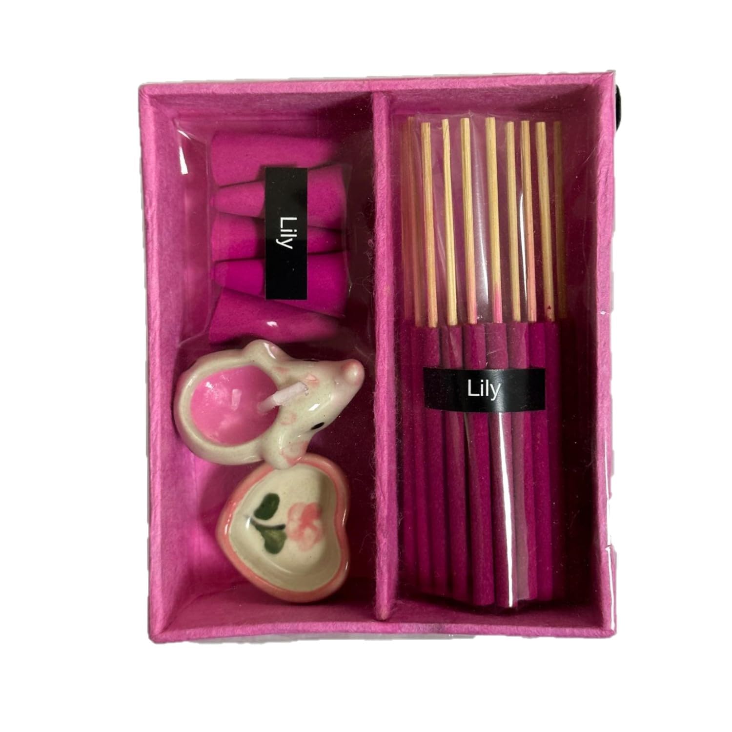 Relaxation Gift Pack | Aromatic Incense Sticks & Cones, Mini Soy Candle & Elegant Ceramic Holder, in Luxury Box Set | Stress Relief & Home Spa | Yoga, Meditation & Self-Care (Pink [Lily])