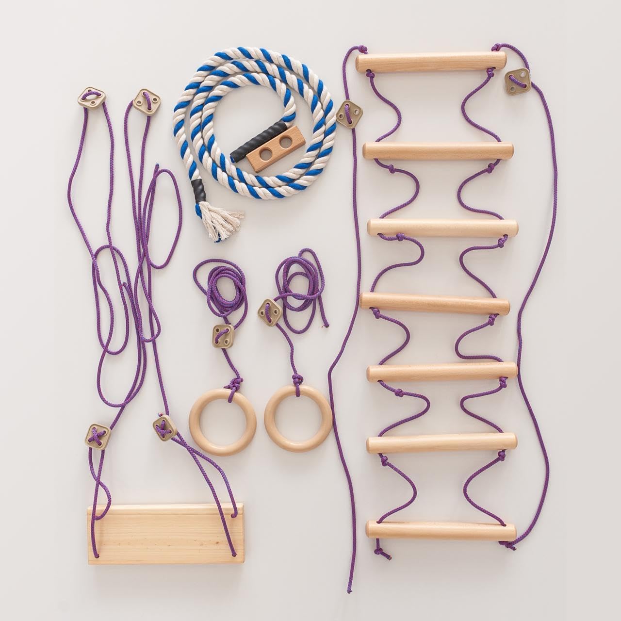 Swedish Ladder Wall Bars with Pull-Up Bar for Kids & Adults - Wooden Stall Bars Home Gym with Gymnastic Rings, Slide, Swing, Climbing Rope & Rope Ladder, Gym Mat