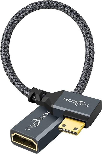 Twozoh Mini HDMI to HDMI Adapter Cable 0.2M, Nylon Braided 90° Degree Right Angle Male Mini HDMI to Female HDMI Extension Cable Support 3D/4K 1080p