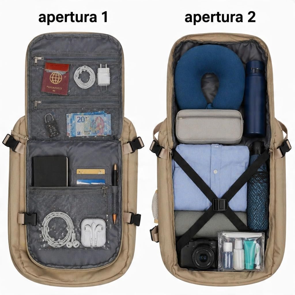 WHYGO Zaino da Viaggio 40x30x20 Impermeabile, Compatibile Ryanair - NERO | Capacità di 24 litri, Retro Traspirante - Apertura 180º con 2 Sacchetti Sottovuoto Inclusi - Ideale per Weekend e Trasferte