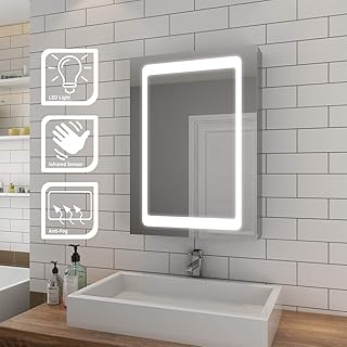 ELEGANT Illuminated LED Bathroom Mirror Cabinet with Adjustable Glass Shelf with Lights with Sensor Switch and Demister Pa...