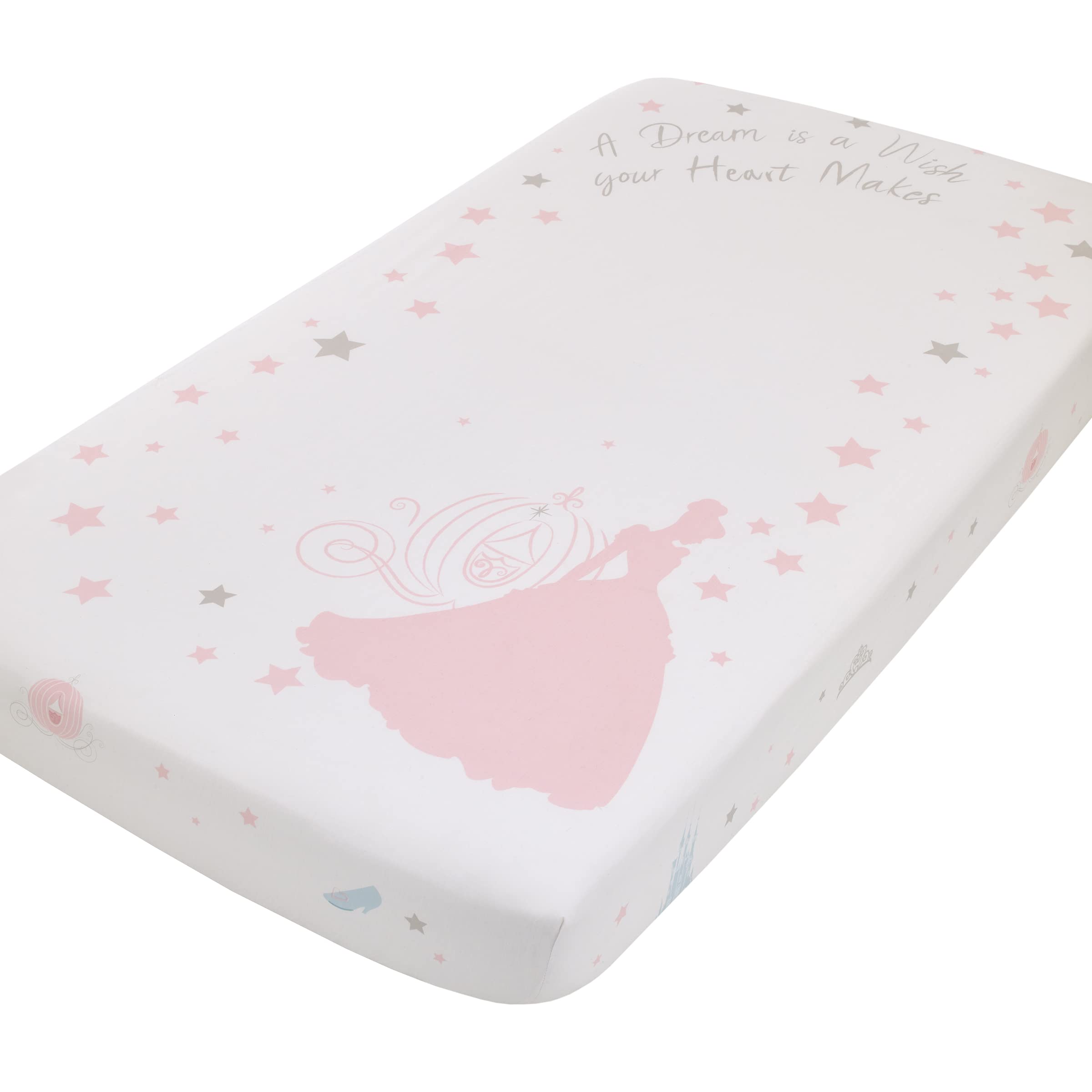 Disney Princess Enchanting Dreams White and Pink Cinderella A Dream is a Wish Your Heart Makes 100% Cotton Photo Op Nursery Fitted Crib Sheet