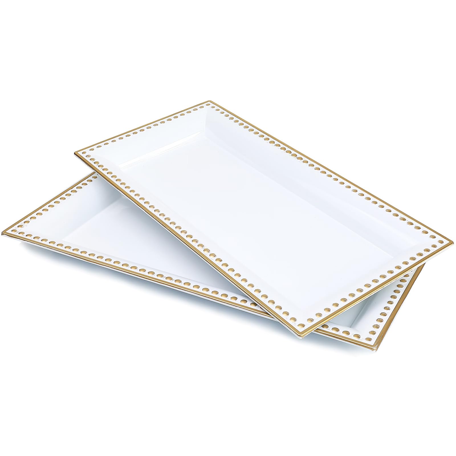 Leemxiiny 2 Pack White Bathroom Vanity Tray for Countertop with Beads, Small Plastic Toilet Tank Tray Versatile Storage Organization Tray for Makeup, Perfume, Desk, Kitchen, Candles, 14"x7"x1", 36W