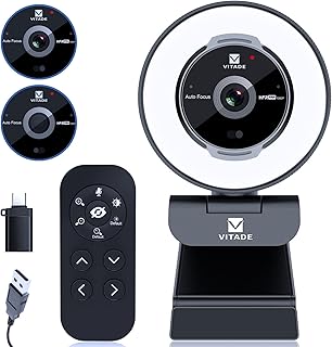 Zoomable Webcam with Remote Control, Vitade 1080P 60FPS Streaming Webcam with Adjustable Ring Light and Advanced Auto-Focus, Pro USB 5X Digital Zoom Webcam for Zoom/Skype Teams/Laptop/Mac Windows