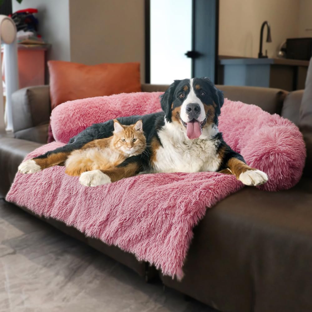 Calming Dogs/Cats Bed Mats, Dog Pad Washable Removable Couch Cover, Plush Long Fur Mat for Pets, Waterproof, Perfect for Small, Medium and Large Dogs and Cats (Pink, 59"x39"x 5.0")