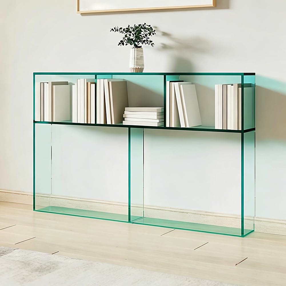 PA-DABAOO Acrylic Behind Couch Table, Narrow Long Sofa Table with Multiple Storage Compartments,Modern Transparent Display Shelf for Books, Decor And Organization,Green