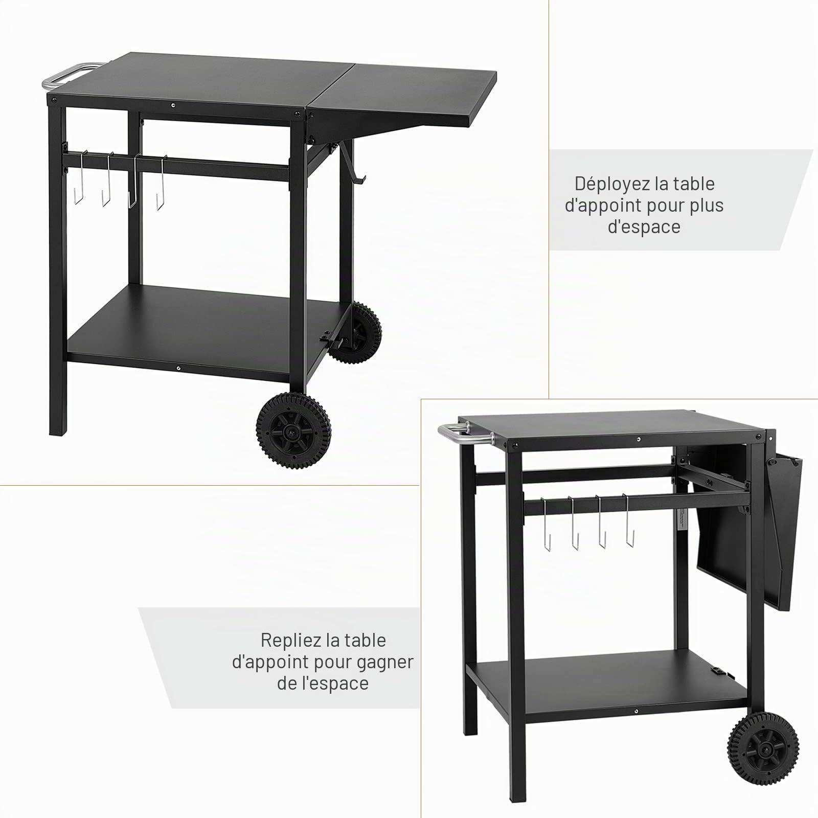 GIANTEX Table de Barbecue avec Plan de Travail Pliable, Table de Camping à roulettes, Chariot de Service Cuisine en Métal avec 2 Étagères & 4 Crochets, Chariot Polyvalent pour Jardin, Cuisine (Noir)