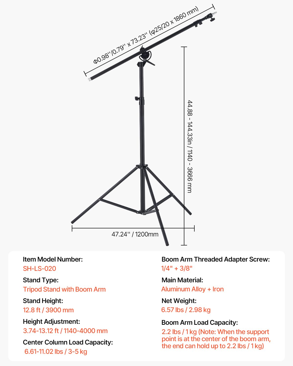 VEVOR Support d'éclairage en Aluminium, Hauteur Max. 390 cm, trépied de Photographique réglable, avec Bras flèche, Sac Sable, Charge Max. 5 kg, pour boîte à lumière, Flash de Studio, Anneau Lumineux