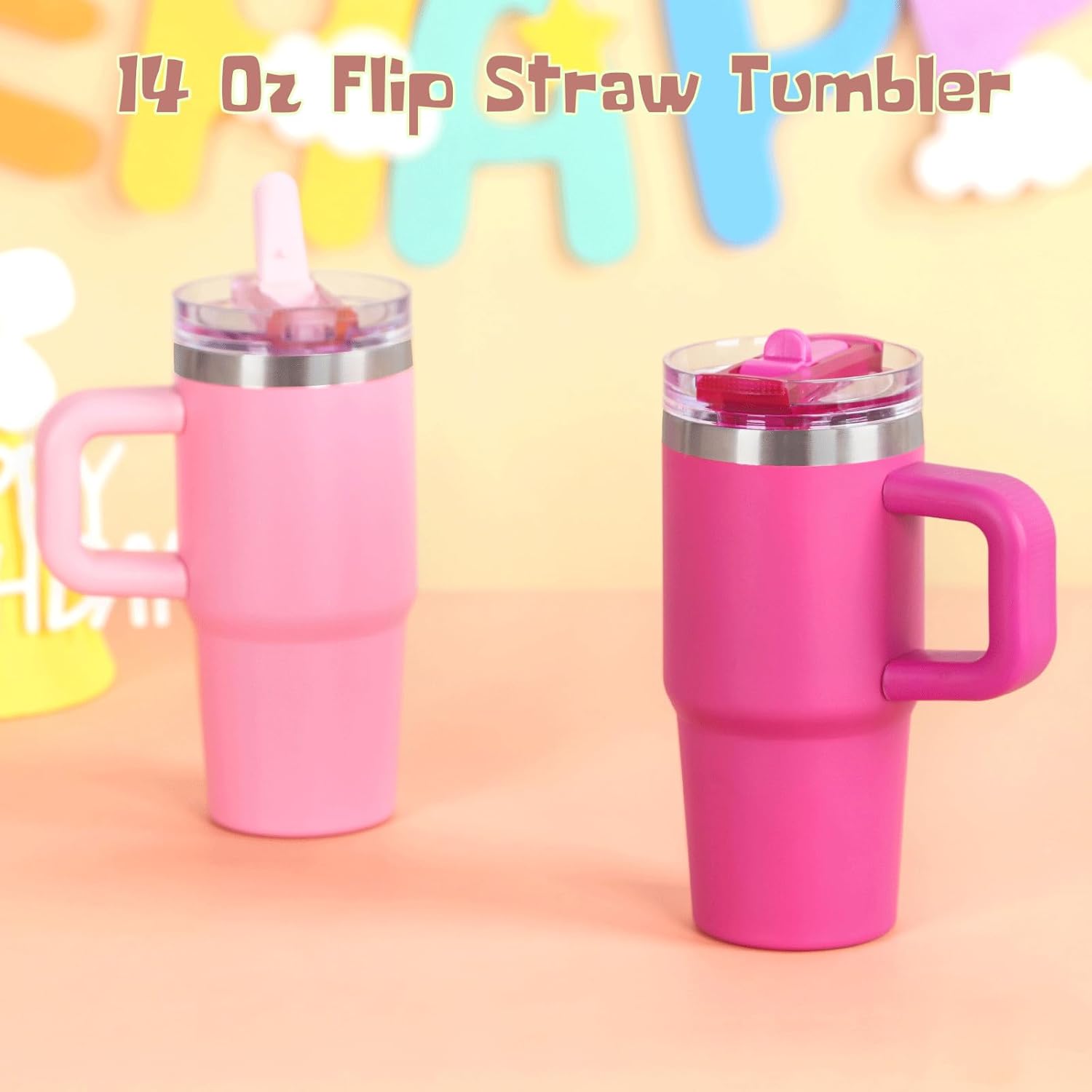 14 Oz Flip Straw Tumbler with Handle for Kids, Stainless Steel Double Wall Insulated Cup for Children with Flip Top Lid, 14 Oz Leak-proof Cups for Kids, Hot Pink and Pink - Image 4