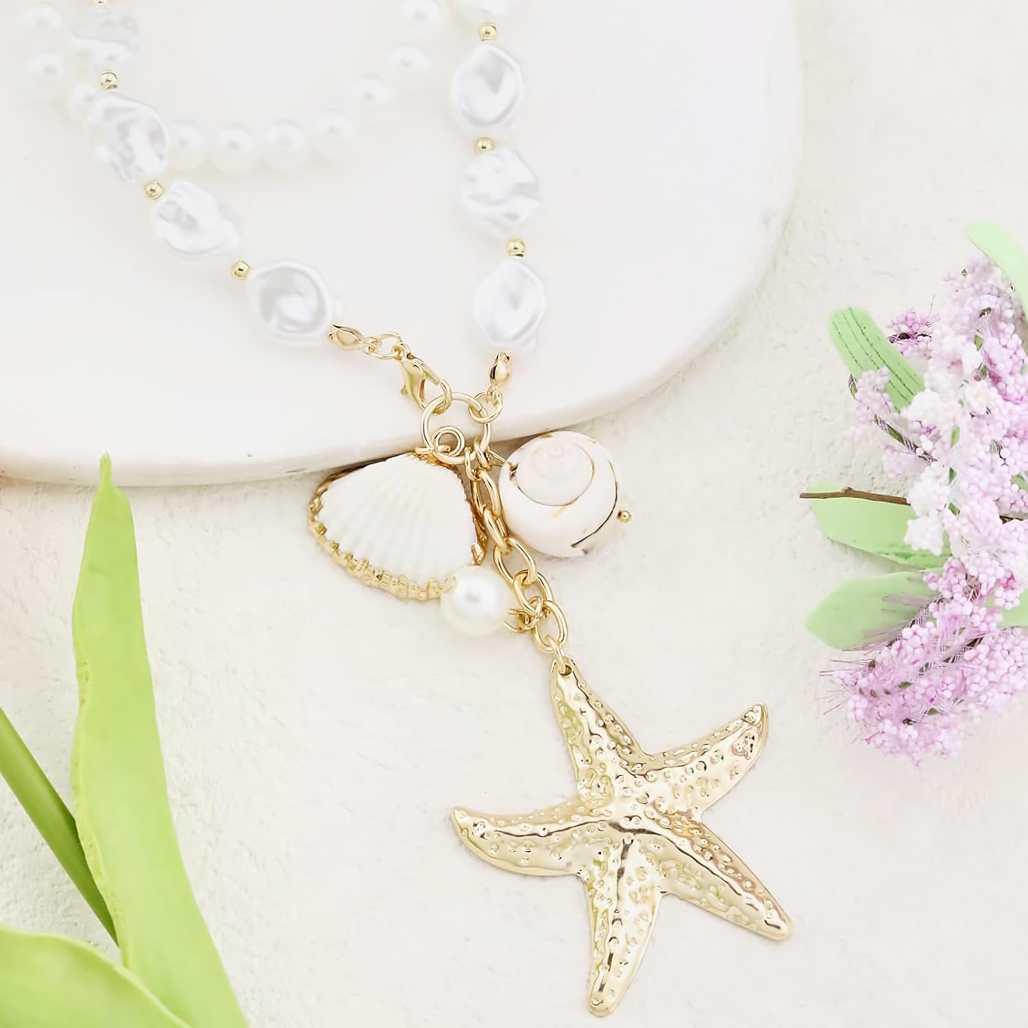 Gold Starfish Necklaces for Women Sea Shell Mermaids Necklaces Mermaid Beach Charm Necklace Mermaids Shell Beaded Choker Necklace Trendy Summer Jewelry - Image 5