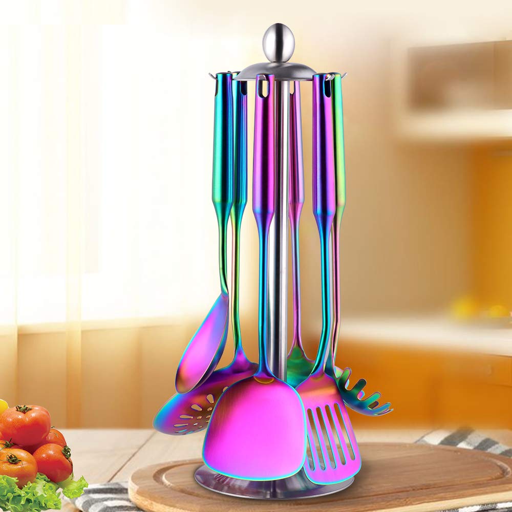 Edelstahl Kochutensilien Set 6 teilig mit 1 Ständer, Kochbesteck Set, 1 Wok-Spatel, 1 Geschlitztem Tuner, 1 Schaumlöffel, 1 Reislöffel, 1 Suppenlöffel, 1 Pasta Server (Regenbogen)