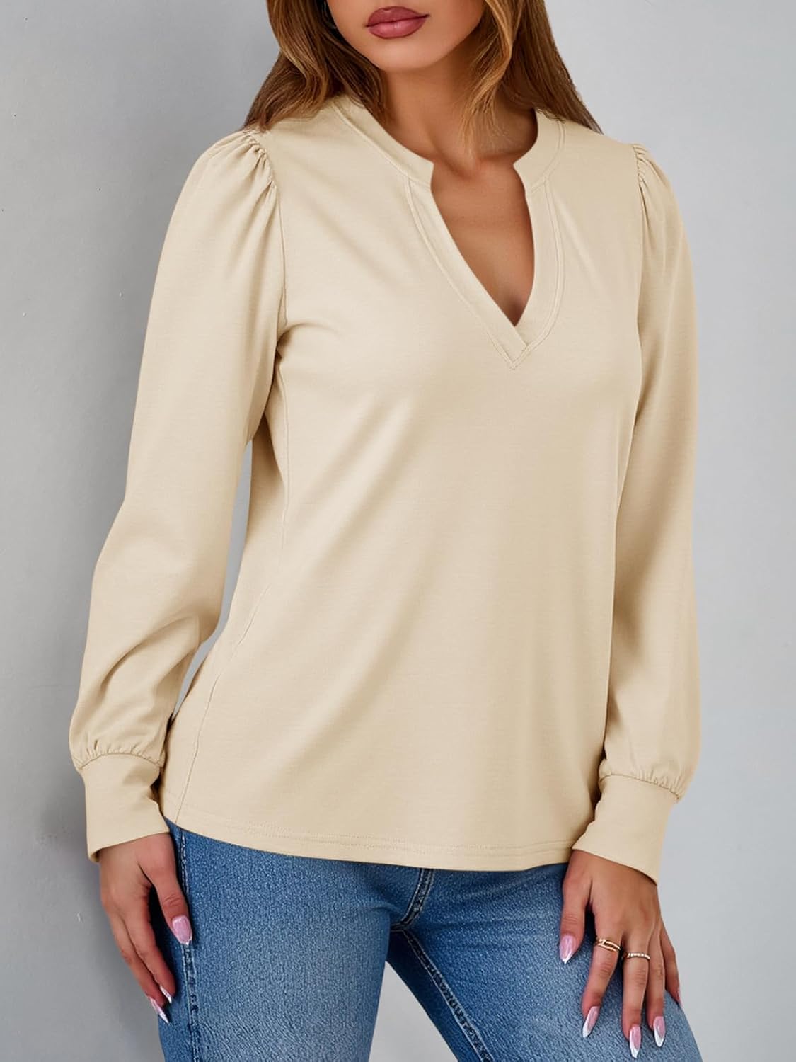 Tankaneo Womens Puff Long Sleeve Tunic Tops Trendy Casual V Neck Fall Shirts Loose Fit Basic Tees - Image 4