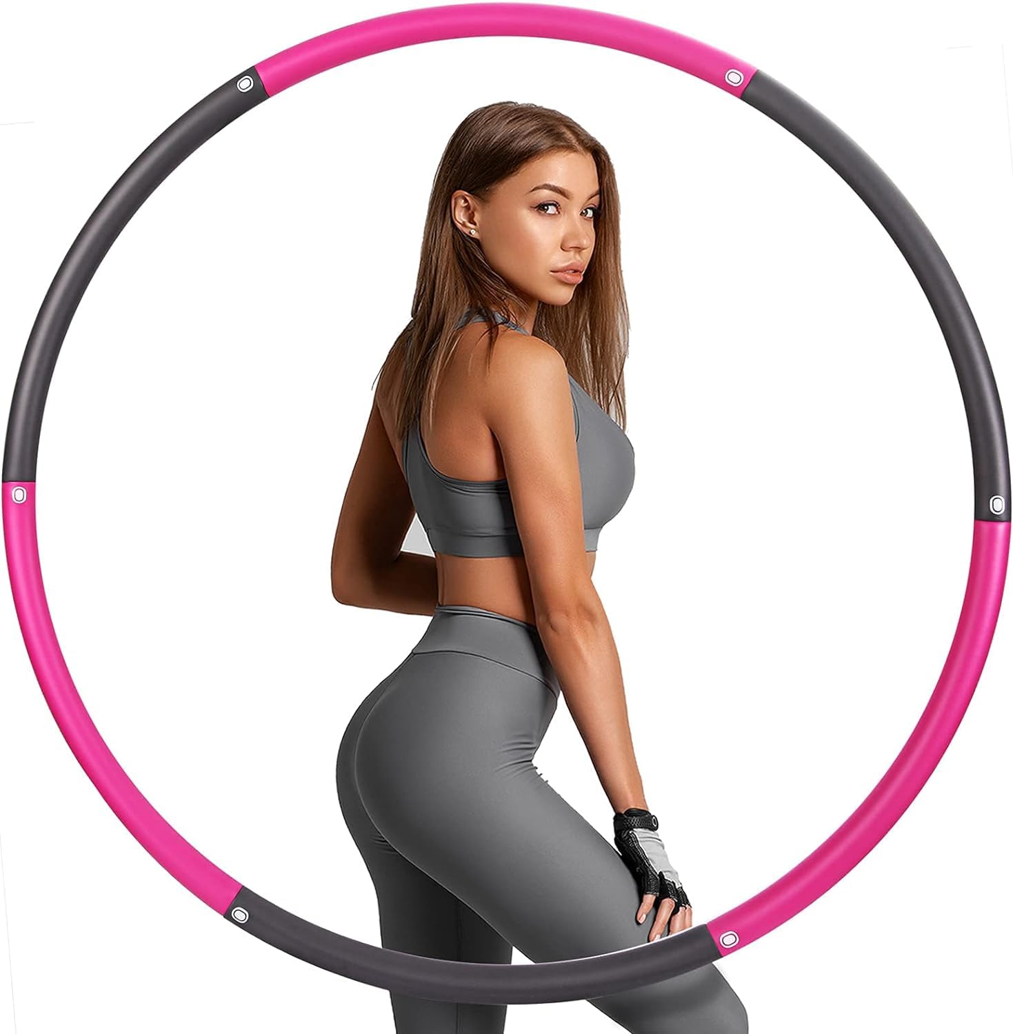 PNJB Weighted Kids/Adults for Exercise Fitness Hula Hoop, Professional Exercise Fitness Hula Hoops, Compact Storage and Easy Transportation, Detachable Size Adjustable, (Pink & Grey)