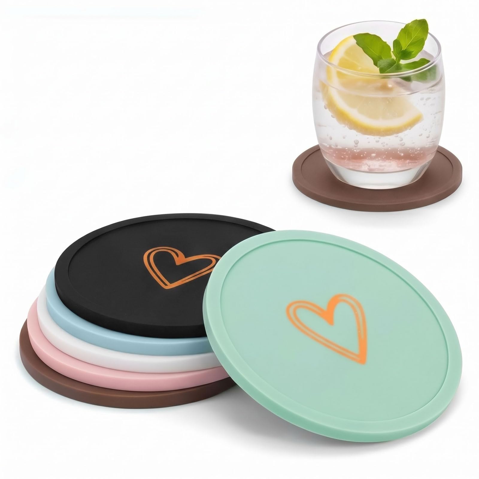 Ksriylm Round Silicone Coasters Set of 6, Minimalist Heart Pattern Non-Slip Anti-Overflow Drinks Coasters,Table Decor & Protection Cup Mat for Coffee Wine Mugs Glasses Home and Bar,Multicolor