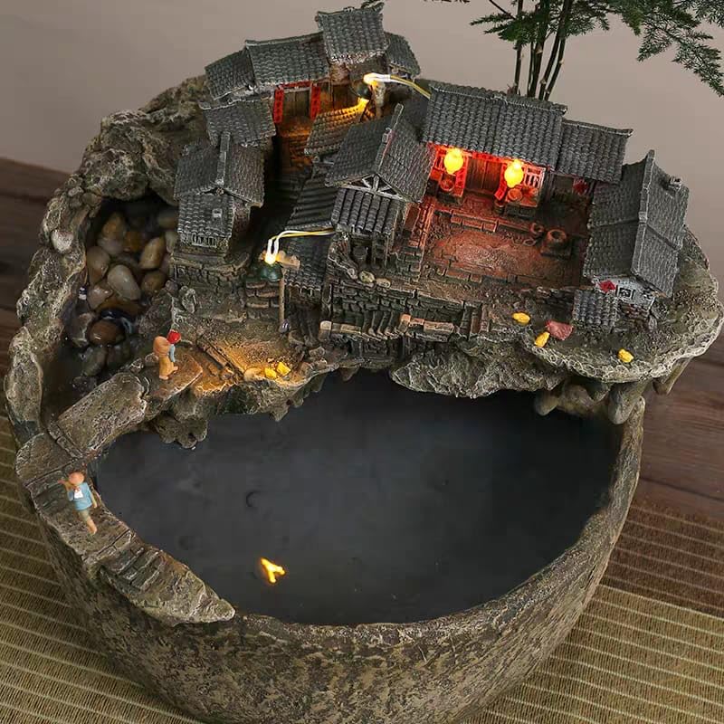 Miniature Chinese Village Water Fountain with Circulating Pump, Traditional Architecture Theme, Includes Farmer Figurines, 30x30.5x23.5 cm,-image-16