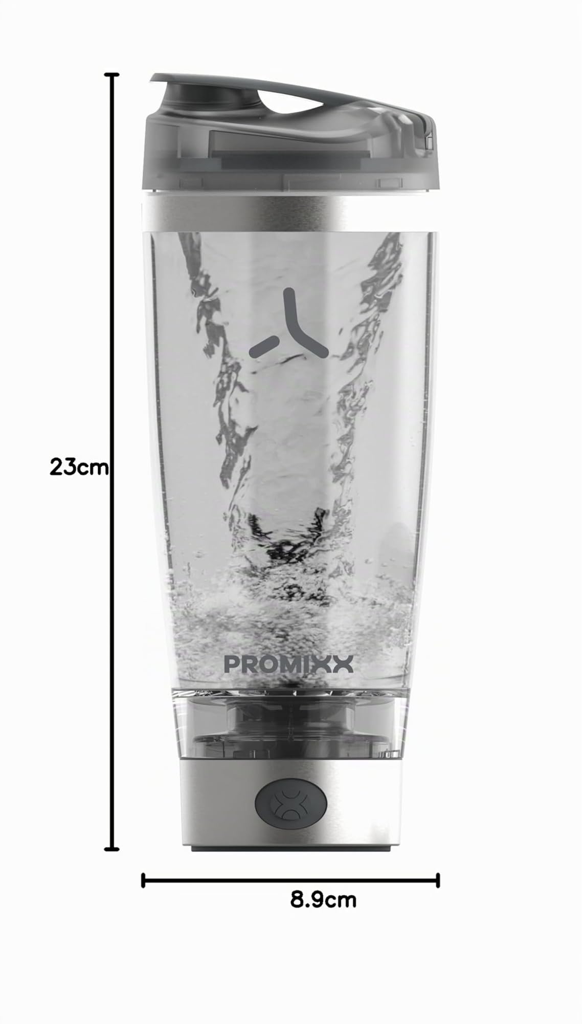 Promixx Pro Shaker Elettrico – 600ml – Acciaio Inox Mixer Vortex Ricaricabile USB-C con X-Blade e Contenitore Integratori – Shaker Senza BPA Facile da Pulire per Fitness e Viaggi – Argento/Grigio