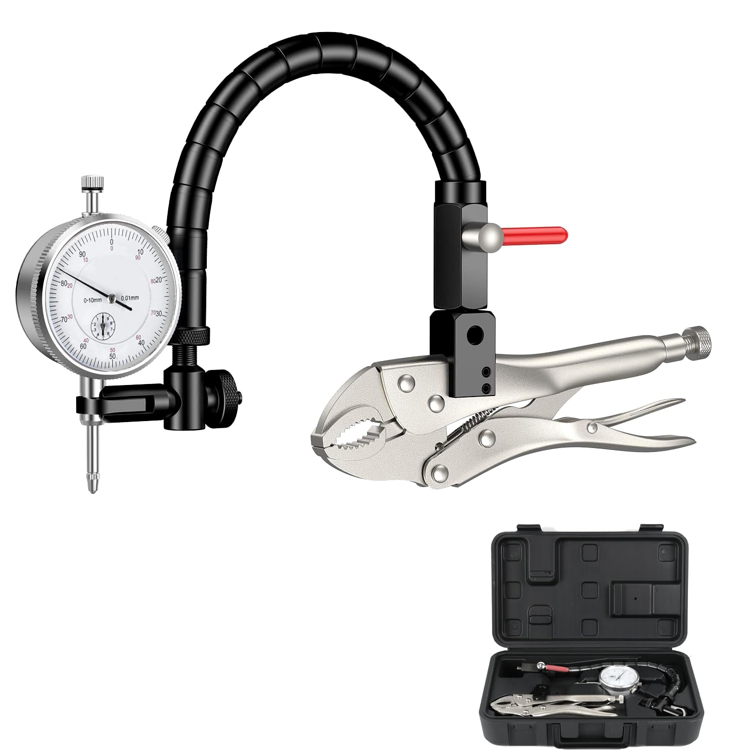 Scheibenbremsrotor-Messgerät mit 0-10 mm Messuhr(0.01mm Auflösung), Auto-Bremsscheiben-Schlagfestigkeitsprüfer, Klemmschraubstock mit 360 ° Flexiblem Arm
