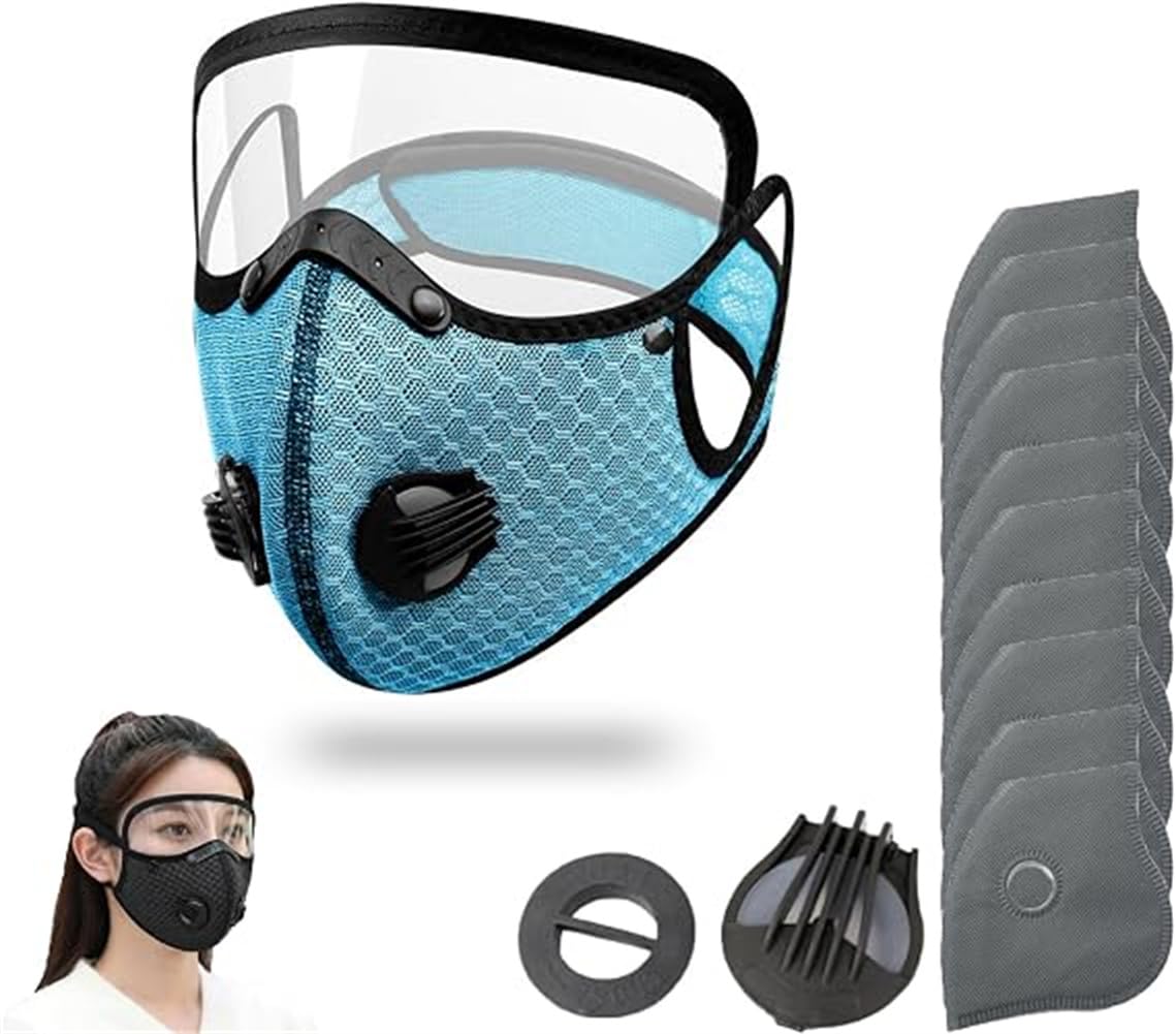 Reusable Carbon Filter Dust Mask with Adjustable Goggles,Activated Carbon Face Mask,Anti-UV-5-Layer Filte with 10 Filters and 2 Valves with Adjustable Goggles for Woodworking Mowing Dust (Light Blue)