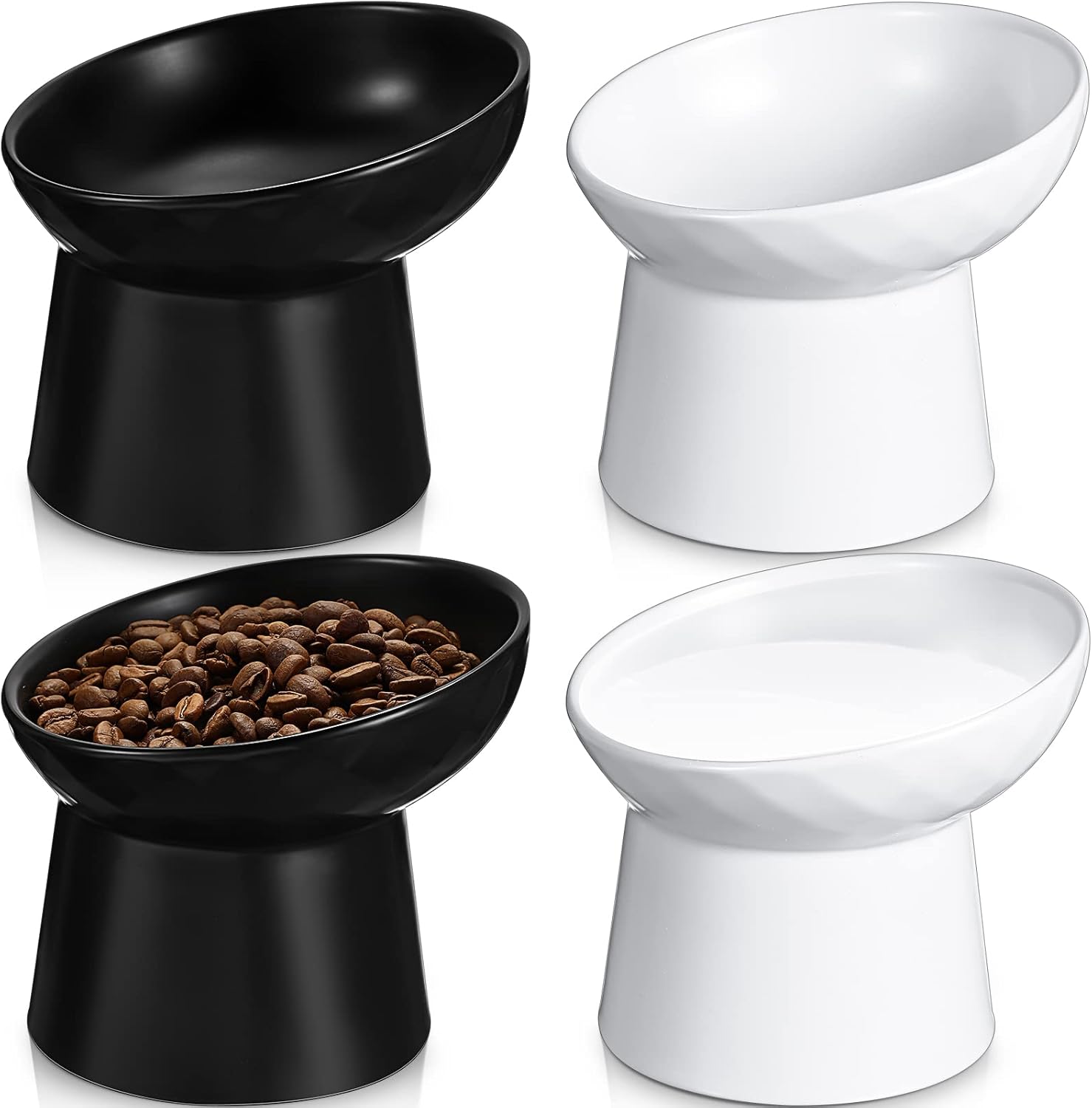 Tanlade 4 Pcs Ceramic Raised Cat Bowls, Elevated Tilted Cat Bowl for Food Water, Stress Free, Backflow Prevention, Dishwasher Microwave Safe, Feeder Dish for Indoor Kitten, Small Dogs(White and Black)