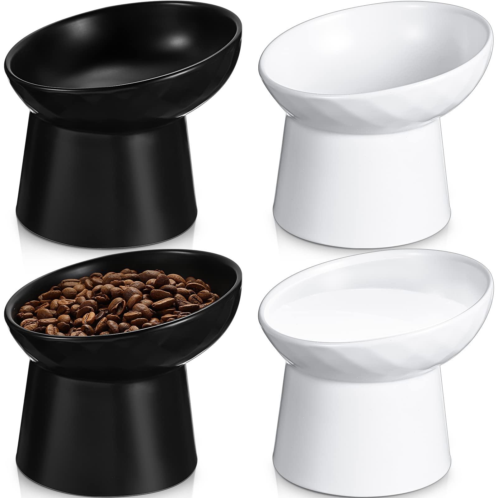 Tanlade 4 Pcs Ceramic Raised Cat Food Bowls Tilted Elevated Cat Food Bowl, Stress Free, Whisker Fatigue, Backflow Prevention, Dishwasher and Microwave Safe, Food and Water Bowls Set (White and Black)
