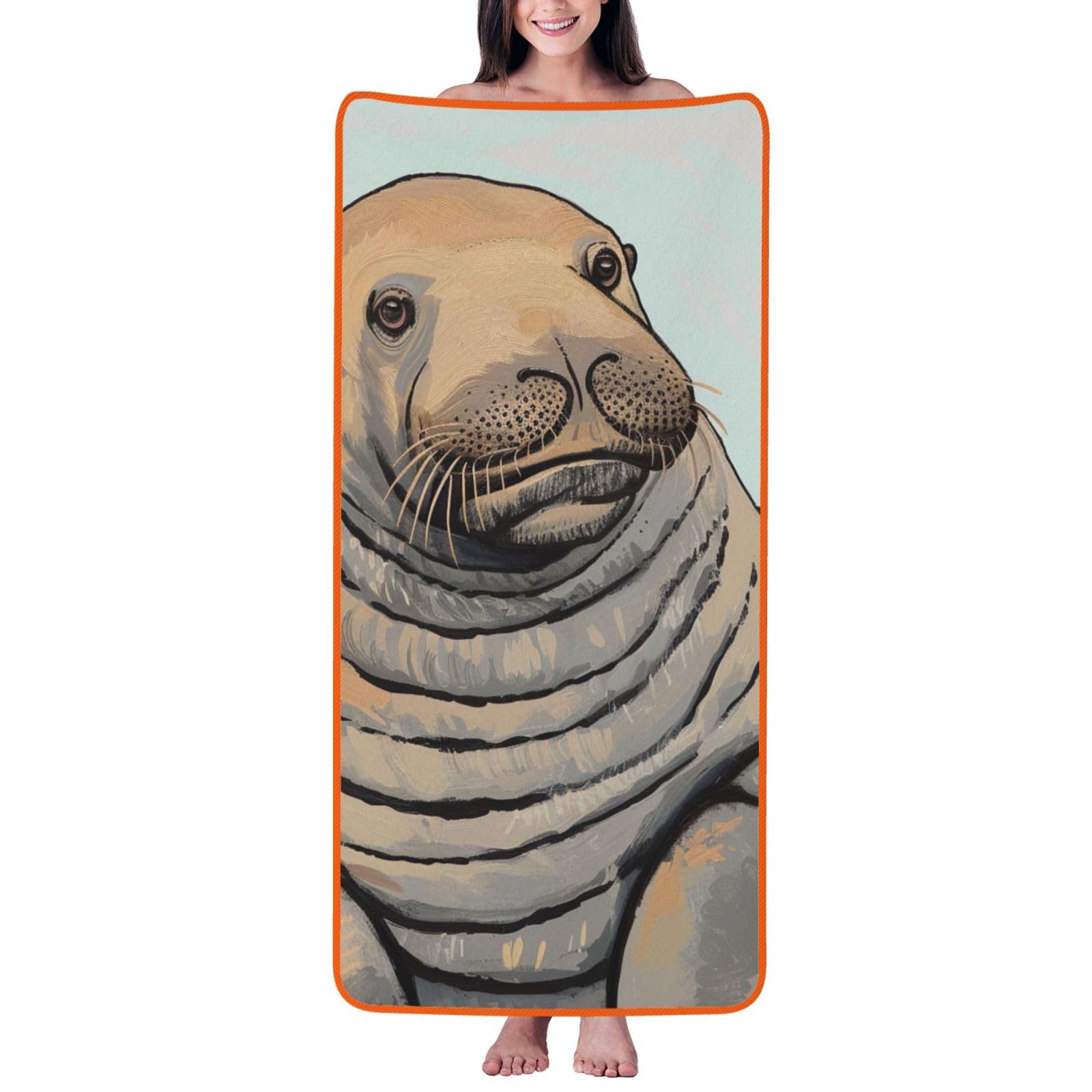 WPKJU Walrus Art Printed Bath Towel with Orange Edging - 27x55 in Soft Extra Absorbent Coral Velvet Shower Towels for Bathroom