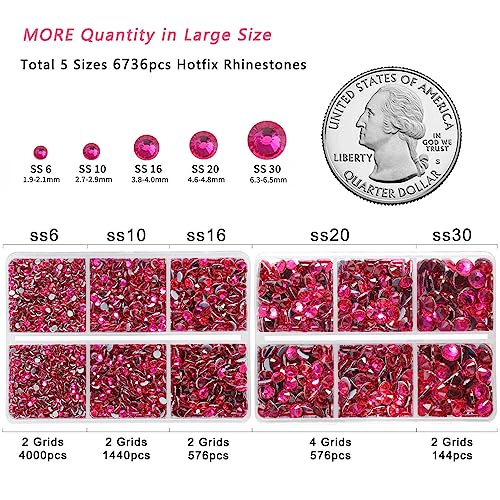 Image of 6736pcs Hotfix Rhinestones Flatback,Hot Pink Rhinestones for Crafts Clothes Mixed 5 Sizes, Hotfix Crystals with Tweezers and Wax Pencil Kit, SS6-SS30, Hot Pink