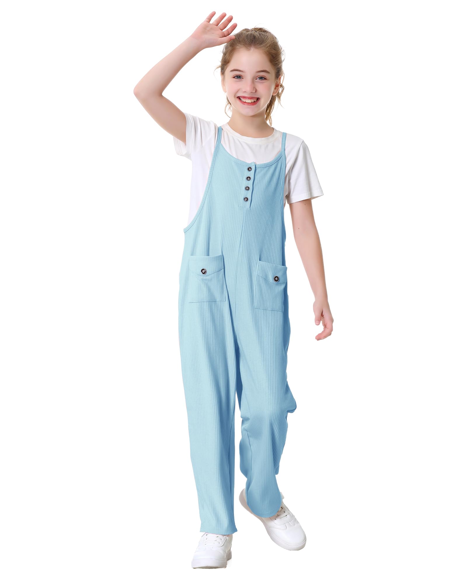 Rolanko Tute da Ragazza Salopette Senza Maniche Cinghie Regolabili Larghe Pagliaccetti Pantaloni Lunghi con Tasche per Bambini