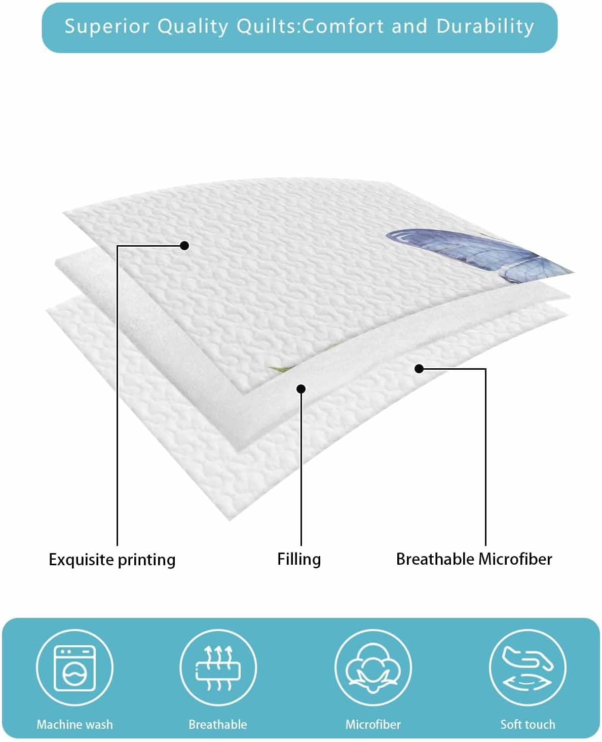 3-Piece Summer Quilt Queen Size, Flower Butterfly Lightweight Cooling Bedding Comforter Blanket with 2 Pillow Shams, Blue Purple Watercolor Wilflower Bedspreads Quilted Coverlet Sets 90"x 96"
