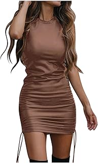 2025 - Mujeres con vestidos atractivos de cuero sintético teñido Vestido de cinta sin mangas Negro Mujer Elegante