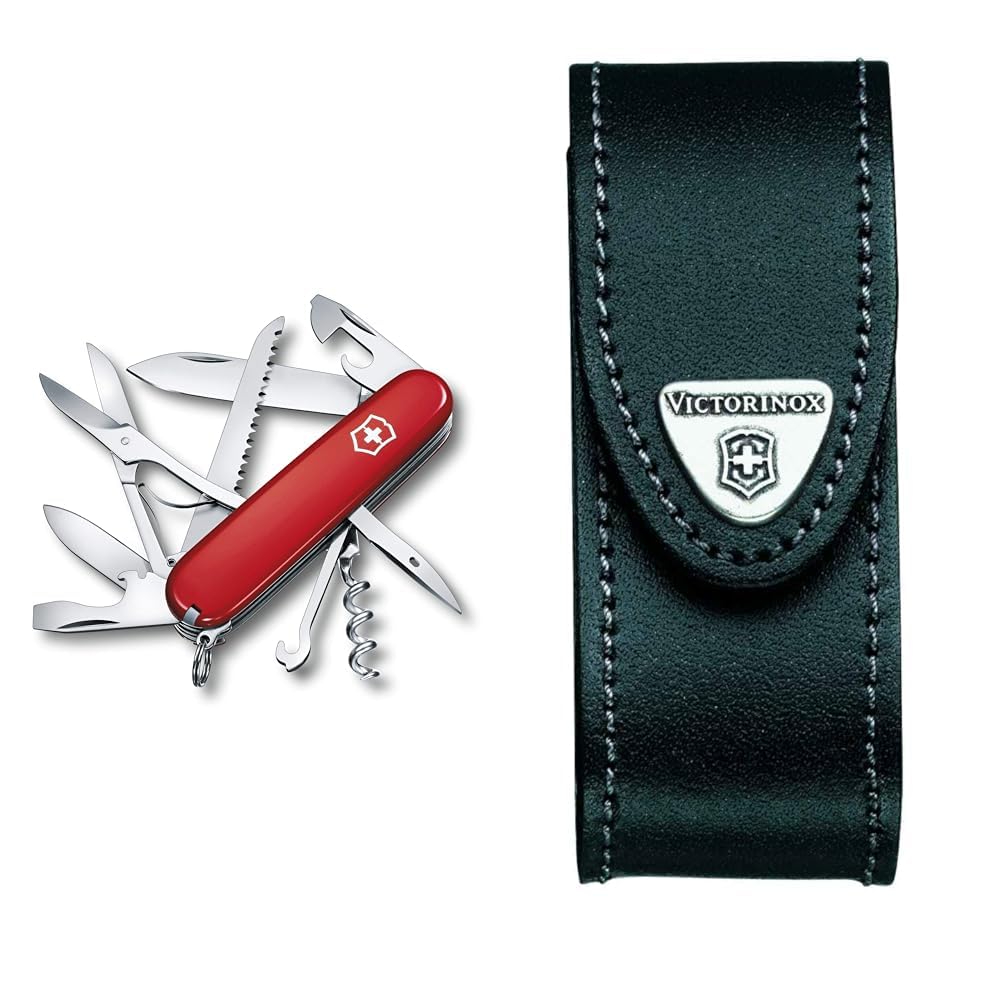 Victorinox, Huntsman, Couteau de Poche Suisse, Multifonction, Léger, 15 Fonctions, Grande lame & Pochette En Cuir pour Couteaux de Poche, 3,5 Cm X 10 Cm, Noir 4.0520.3B1 Taille unique