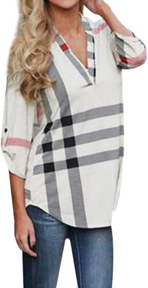 Women's Blouse Casual Plaid V Neck 3/4 Sleeve T-Shirts Pullover Tops XL White