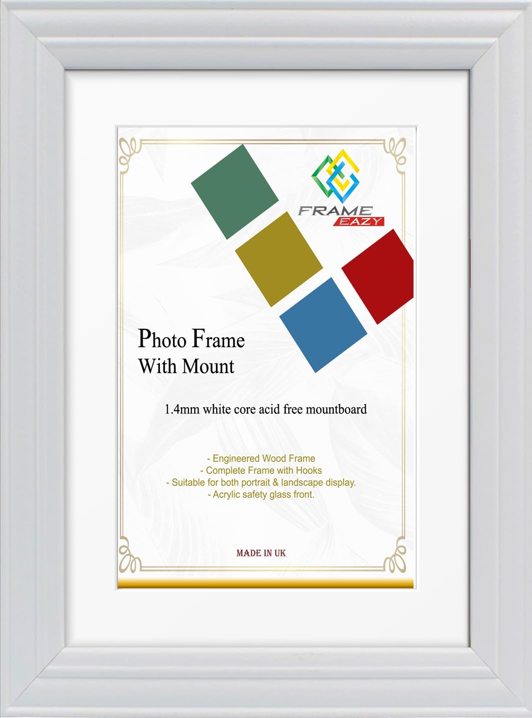 FRAME EAZY White A1 Photo Frame with A2 White Mount - Antique Style Picture Frame With Safe Perspex Front - Frame A1 (84.1 x 59.4) For Picture Size A2 (59.4 x 42.0)