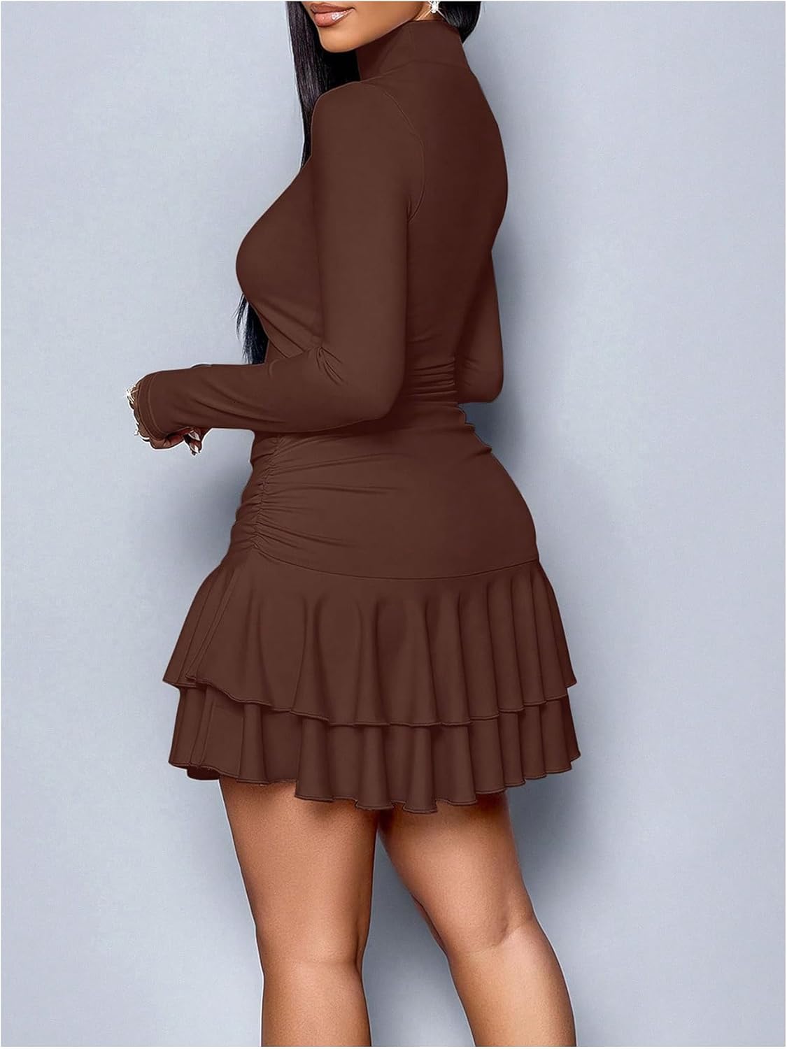 SOLY HUX Women's Ruffle Mini Dress Mock Neck Long Sleeve Ruched Layered Bodycon Cocktail Party Dresses - Image 2