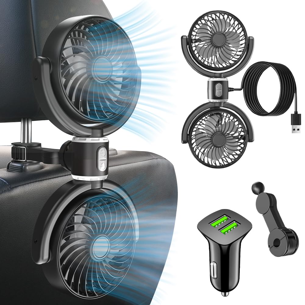 Ventilatore auto per sedile posteriore, girevole a 360°, ventilatore per auto, ventilatore USB per auto, ventilatore di raffreddamento a 2 marce, mini ventilatore di velocità per auto SUV