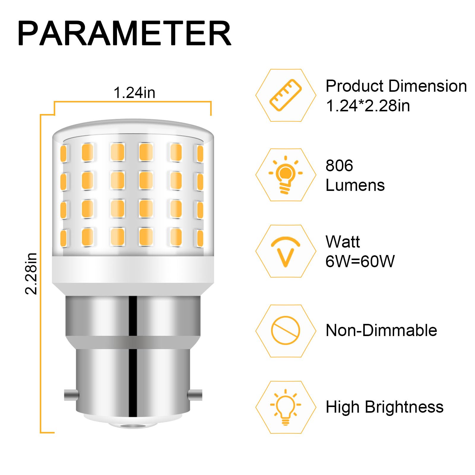 TRIJZHOU B22 LED Bayonet Light Bulbs Equivalent 60W, Warm White 3000K B22 Bayonet Lamp 6W, 806 Lumens, Non-Dimmable - Image 2