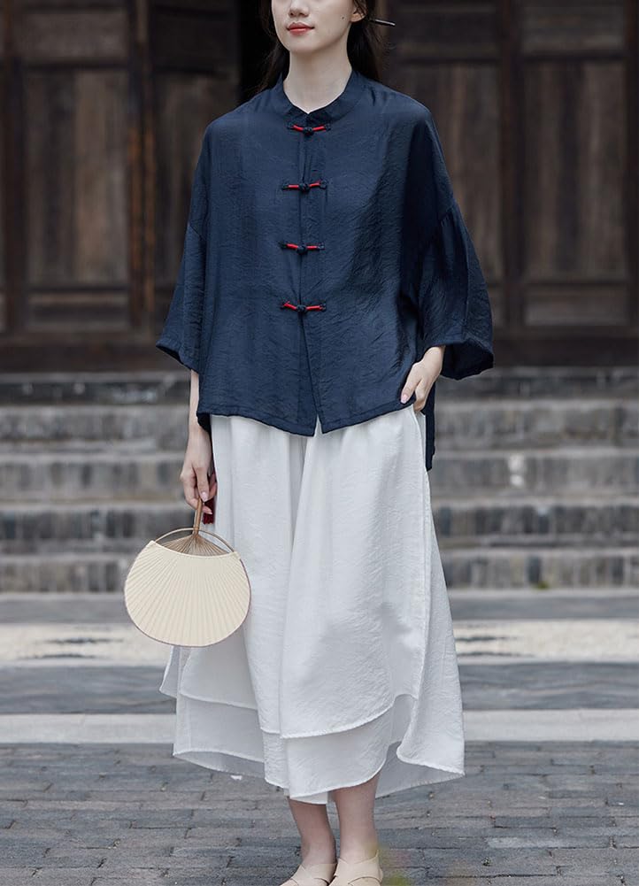 Camicia cinese da donna con colletto alto e bottoni a forma di rana, maniche larghe a 3/4, camicia da tè zen allentata