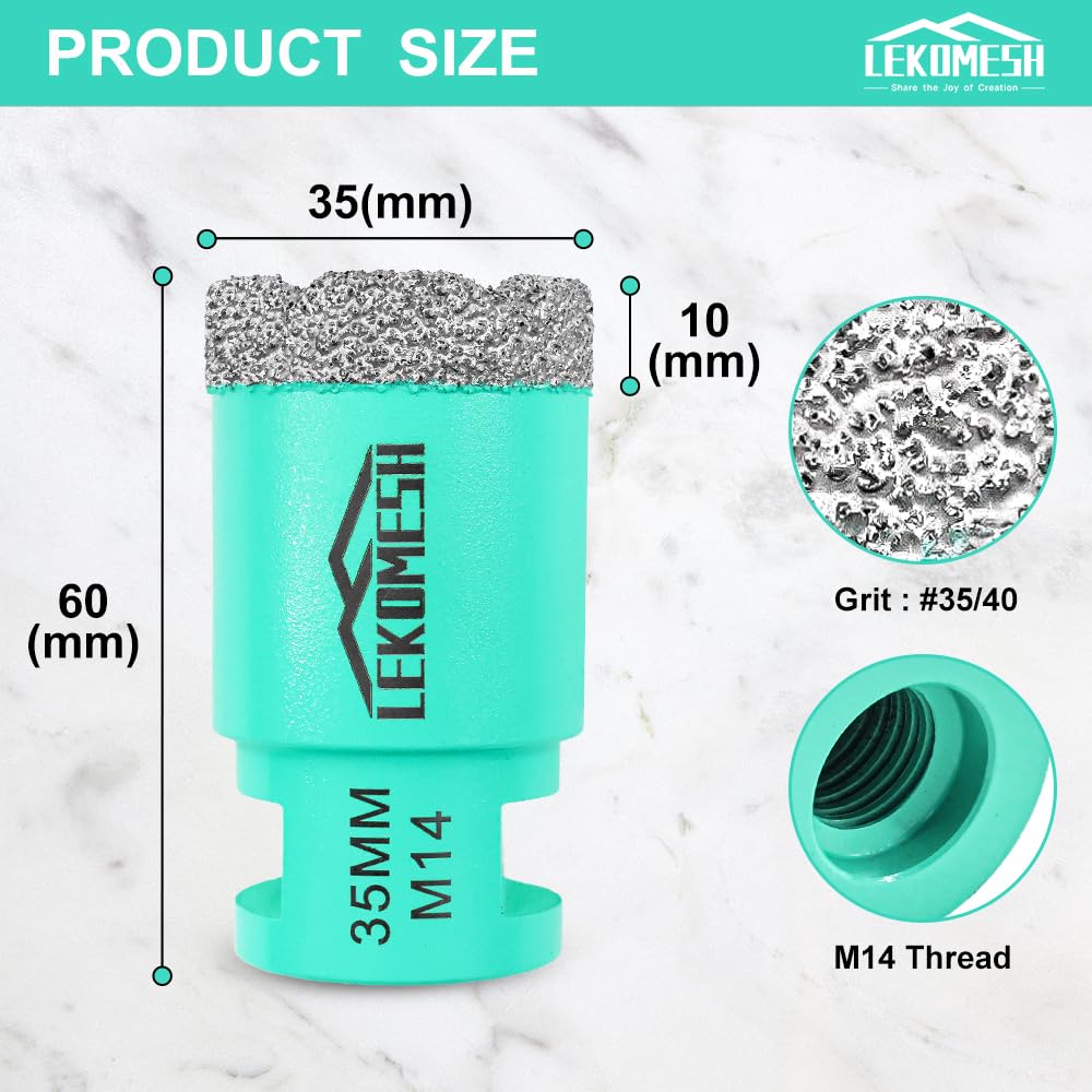 Punta per Trapano Diamantata 35MM Punta a Tazza per Porcellana Ceramica Piastrella Marmo Granito Pietra Quarzo- Filettatura M14 per Smerigliatrici Angolari LEKOMESH