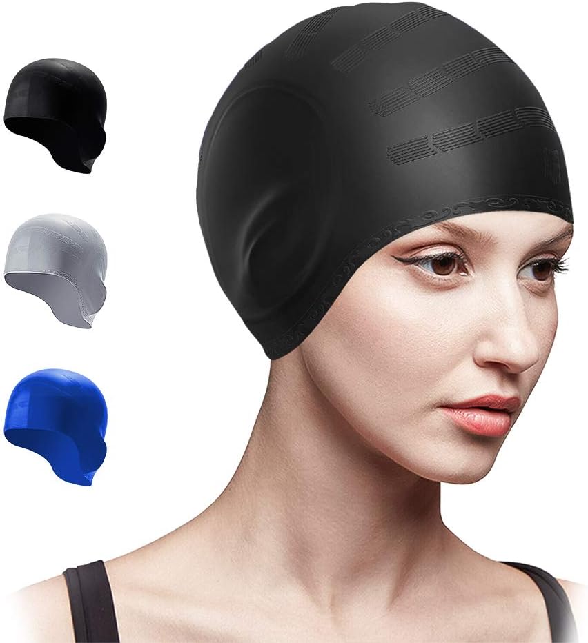 Trevoz Swim Cap Cover Ears Women Silicone Swimming Cap for Long Hair Curly/Braids Hair Unisex Adult Kids Swimming Pool Caps with Nose Clip and Ear Plugs