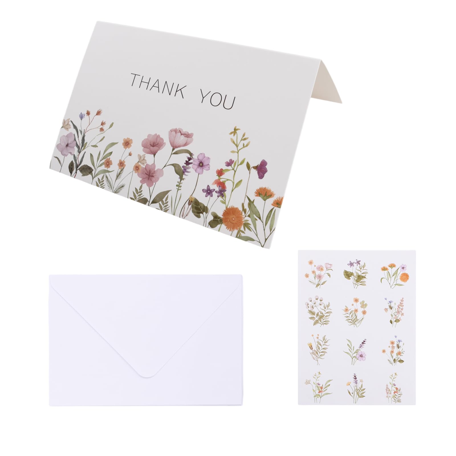 Thank You Cards 10-Pack with Envelopes Stickers, Flowers Design, Teachers Graduation Wedding Family Birthday Business