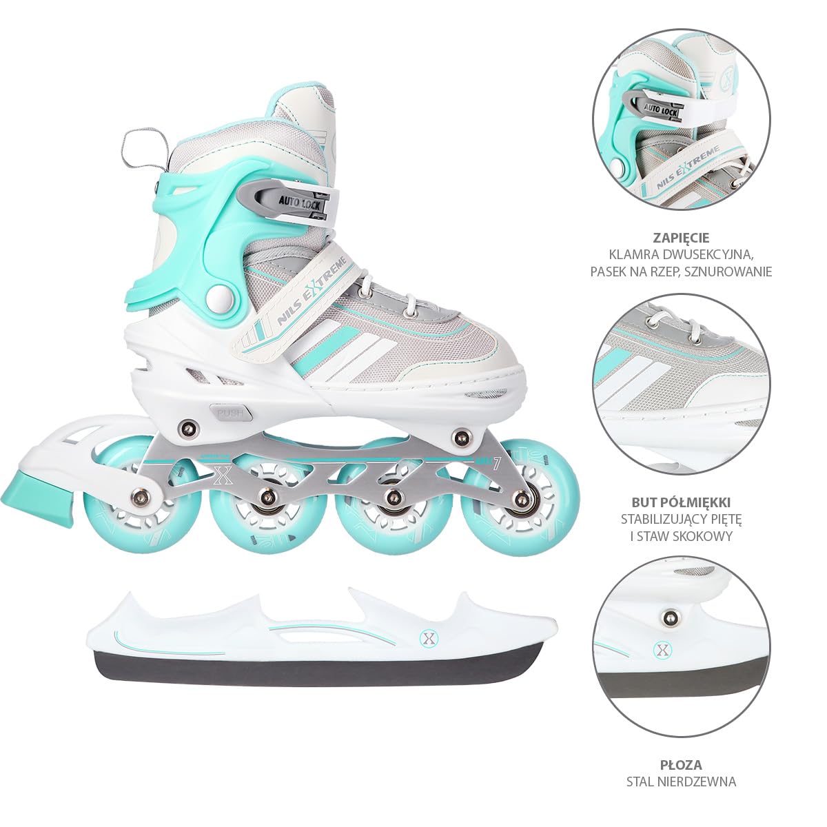 Nils Extreme Pattini in linea 2 in 1 per bambini e adulti, pattini in linea con cuscinetti ACEB7, pattini da ghiaccio per bambini, regolabili 34-38, colore bianco e blu, NH18191