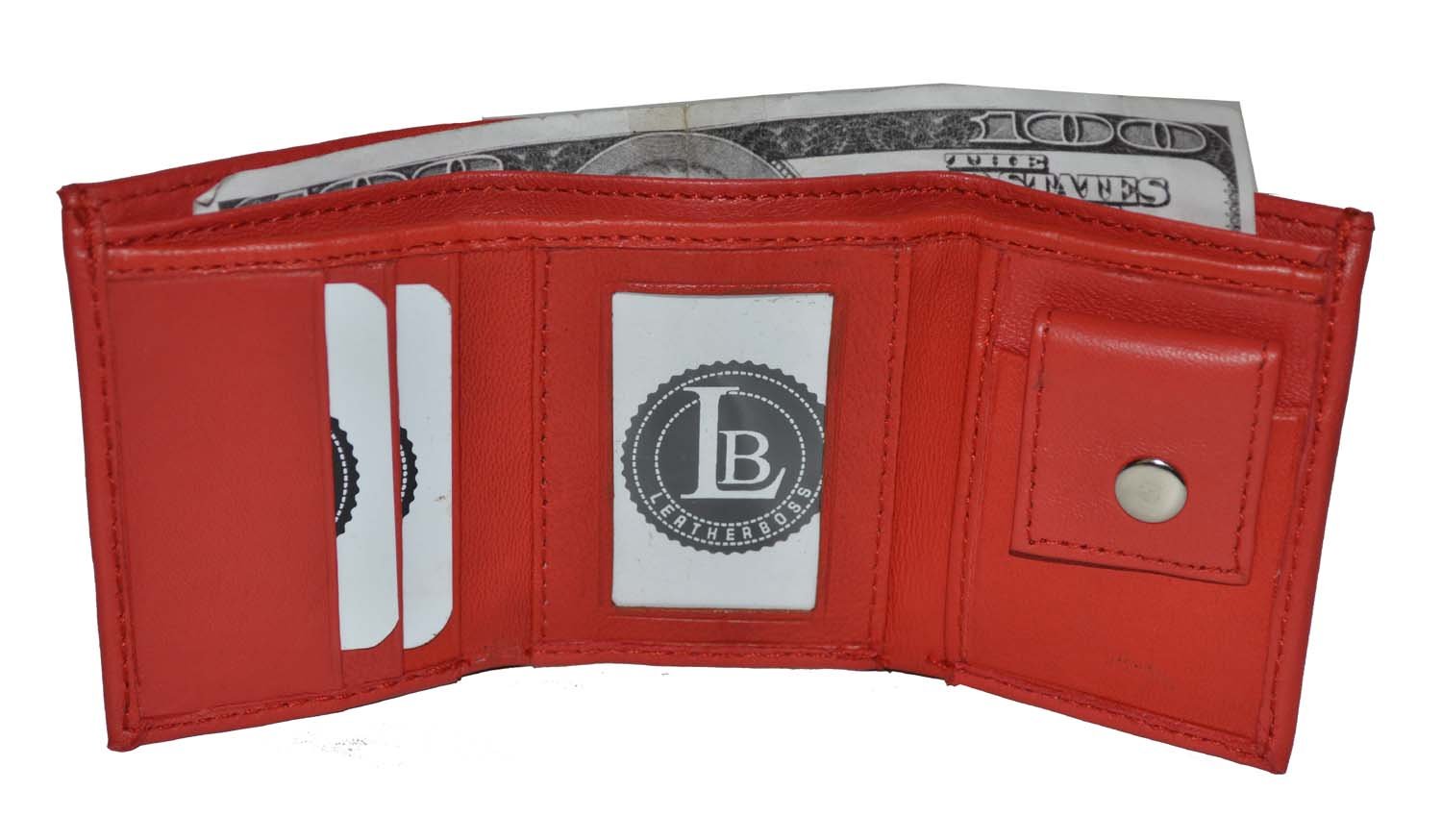 LB LEATHERBOSSGenuine Leather Small Compact Cool Kids Baby Boy Trifold Wallet with Coin Pocket, Red