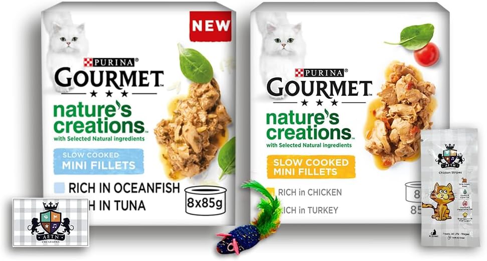 AETN CreationsNature's Creations Bundle of 2x8x85g Wet Mixed Cat Food Pack- Poultry and Fish with Delicious AETN Treat and Fun Mouse Toy